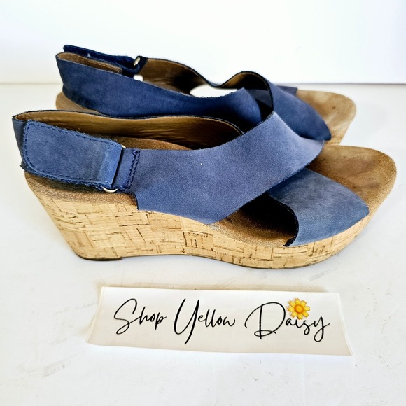 Clarks Womens Caslynn Blue Nubuck Leather‎ Cork Wedge Sandals Sz 8 - Sh439.2 - Picture 1 of 9